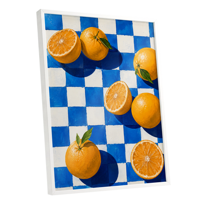 Citrus on Cobalt, orange, blue, white nature wall art shown as a white framed poster wall art print