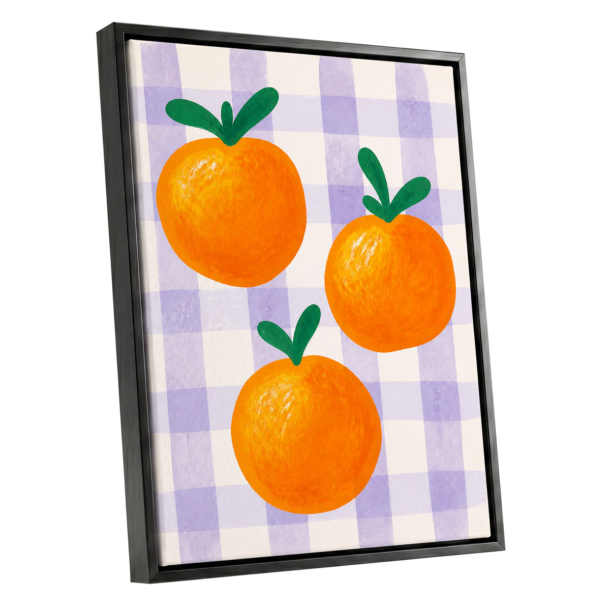 Citrus on Lilac, orange, green, purple nature wall art shown as a black framed canvas wall art