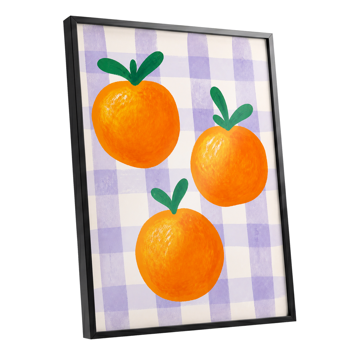 Citrus on Lilac, orange, green, purple nature wall art shown as a black framed poster wall art print