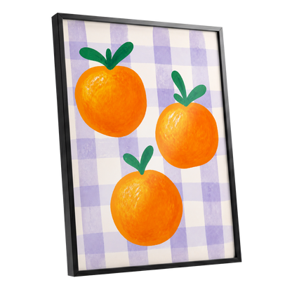 Citrus on Lilac, orange, green, purple nature wall art shown as a black framed poster wall art print