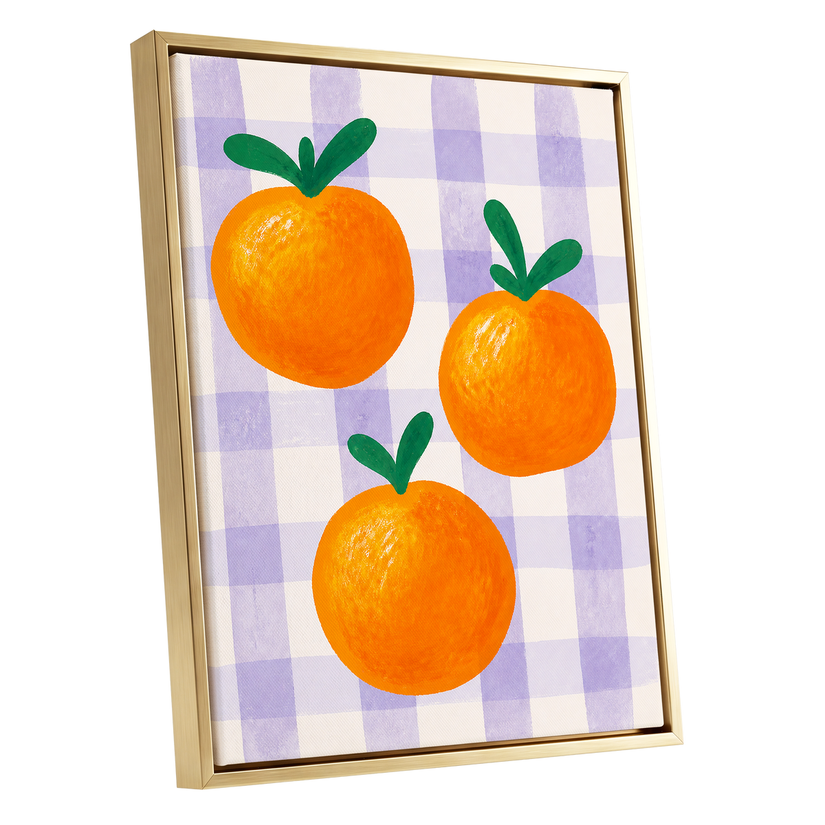 Citrus on Lilac, orange, green, purple nature wall art shown as a gold framed canvas wall art