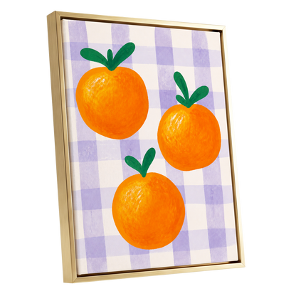 Citrus on Lilac, orange, green, purple nature wall art shown as a gold framed canvas wall art