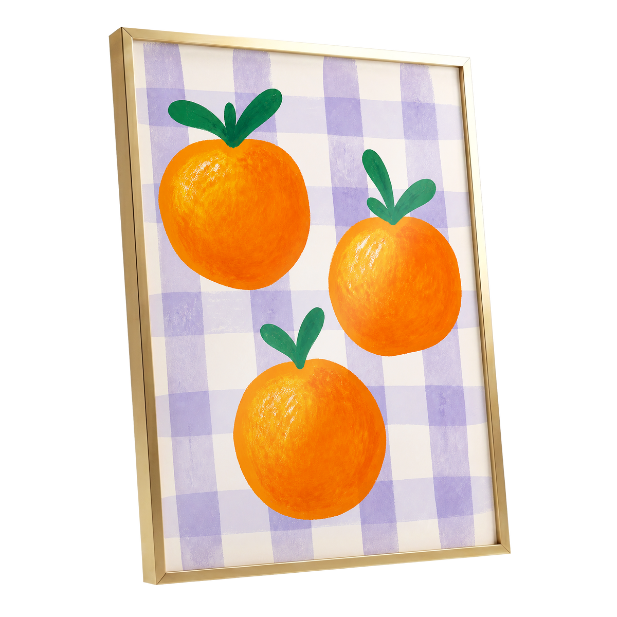 Citrus on Lilac, orange, green, purple nature wall art shown as a gold framed poster wall art print