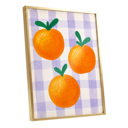 Citrus on Lilac, orange, green, purple nature wall art shown as a gold framed poster wall art print