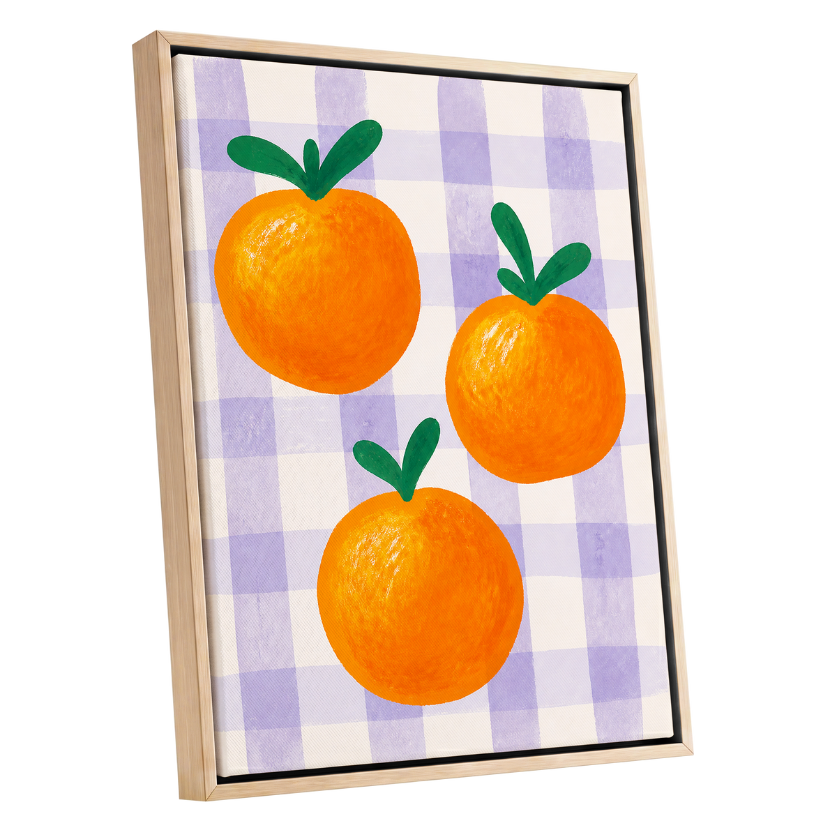 Citrus on Lilac, orange, green, purple nature wall art shown as a oak framed canvas wall art