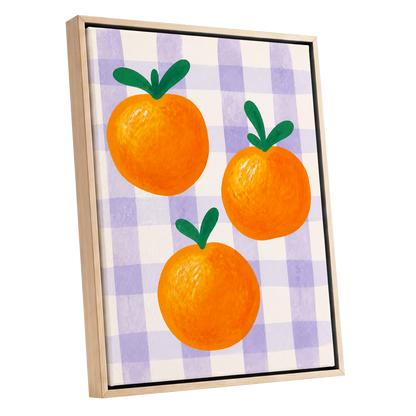 Citrus on Lilac, orange, green, purple nature wall art shown as a oak framed canvas wall art