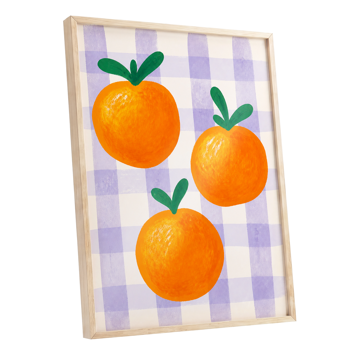 Citrus on Lilac, orange, green, purple nature wall art shown as a oak framed poster wall art print