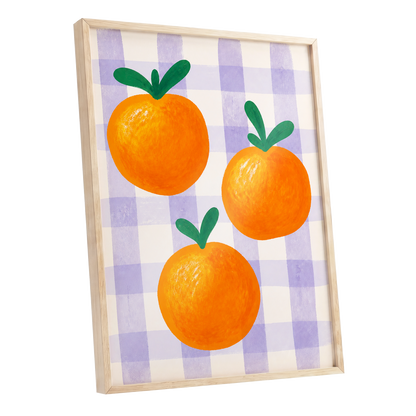 Citrus on Lilac, orange, green, purple nature wall art shown as a oak framed poster wall art print