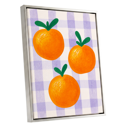 Citrus on Lilac, orange, green, purple nature wall art shown as a silver framed canvas wall art