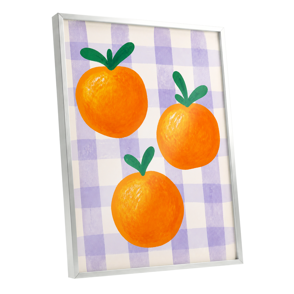 Citrus on Lilac, orange, green, purple nature wall art shown as a silver framed poster wall art print