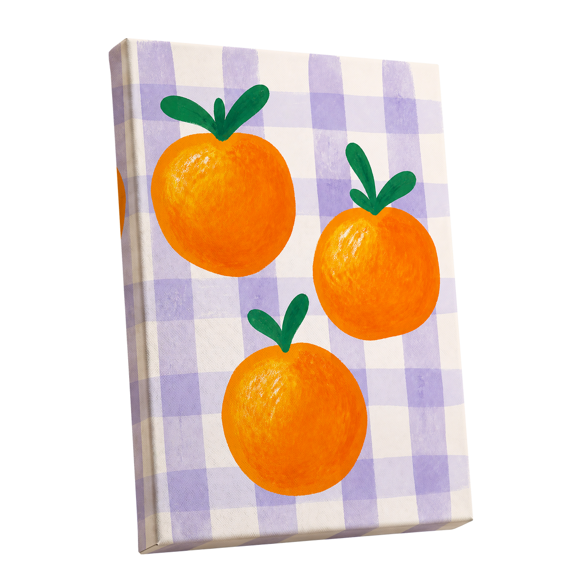 Citrus on Lilac, orange, green, purple nature wall art shown as a stretched canvas wall art