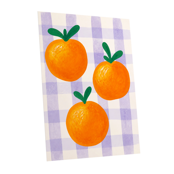 Citrus on Lilac, orange, green, purple nature wall art shown as a unframed poster wall art print