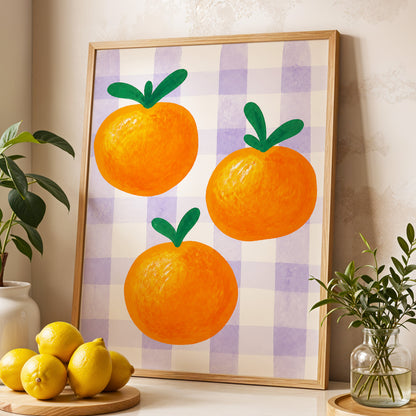 Citrus on Lilac, orange, green, purple nature wall art displayed in a styled interior, gallery view 2