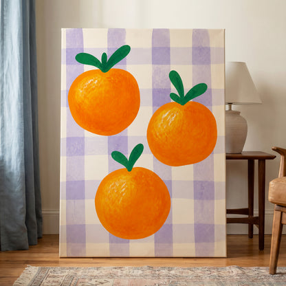 Citrus on Lilac, orange, green, purple nature wall art displayed in a styled interior, gallery view 3