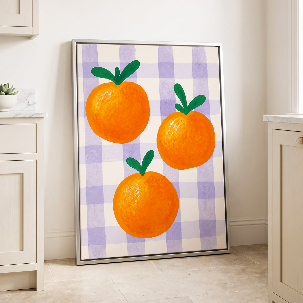 Citrus on Lilac, orange, green, purple nature wall art displayed in a styled interior, gallery view 4