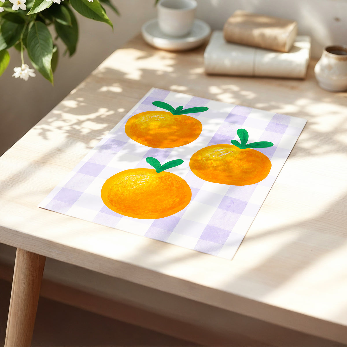 Citrus on Lilac, orange, green, purple nature wall art displayed in a styled interior, gallery view 5