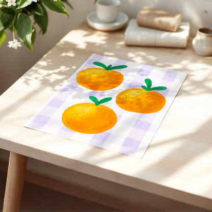 Citrus on Lilac, orange, green, purple nature wall art displayed in a styled interior, gallery view 5