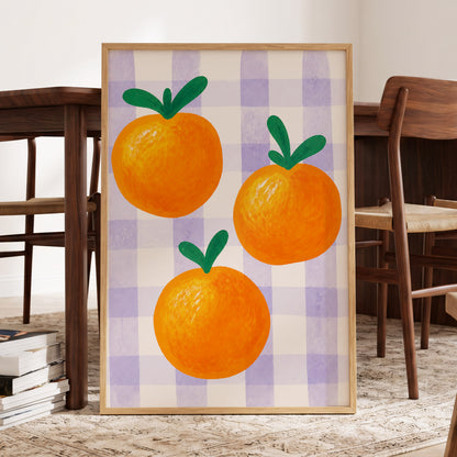 Citrus on Lilac, orange, green, purple nature wall art displayed in a styled interior, gallery view 6