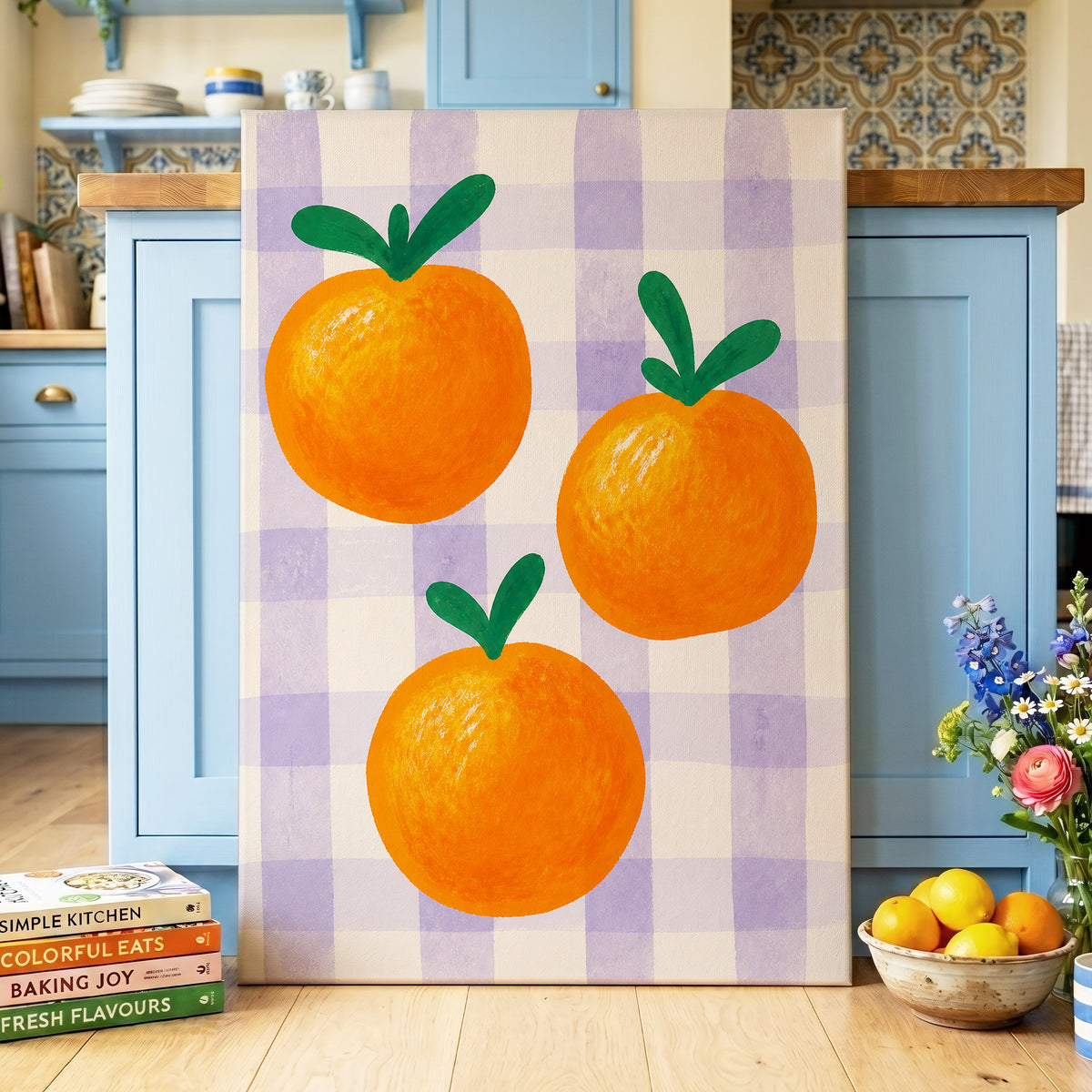 Citrus on Lilac, orange, green, purple nature wall art displayed in a styled interior, gallery view 7