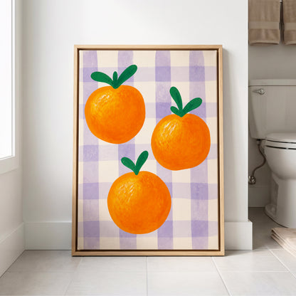 Citrus on Lilac, orange, green, purple nature wall art displayed in a styled interior, gallery view 8