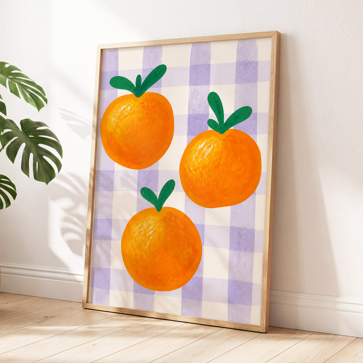 Citrus on Lilac, orange, green, purple nature wall art displayed in a styled interior, gallery view 9