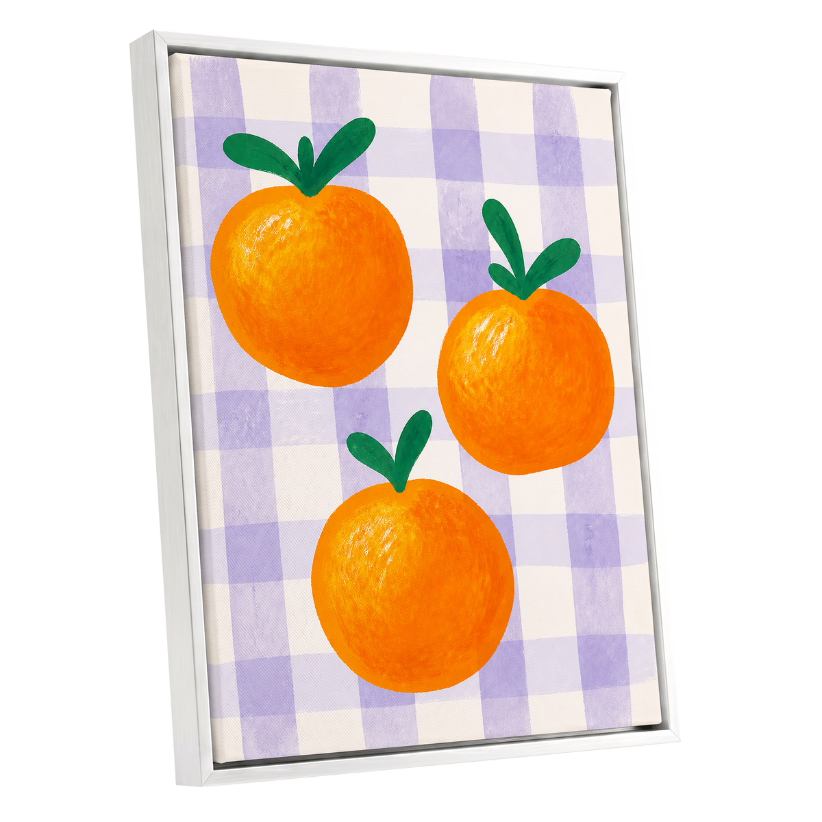 Citrus on Lilac, orange, green, purple nature wall art shown as a white framed canvas wall art