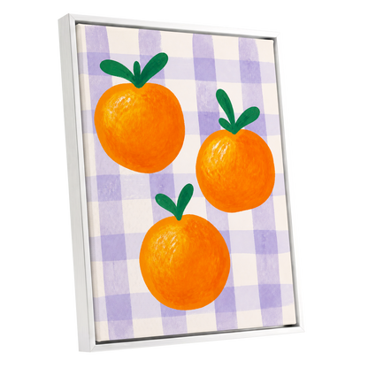 Citrus on Lilac, orange, green, purple nature wall art shown as a white framed canvas wall art