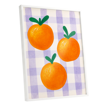 Citrus on Lilac, orange, green, purple nature wall art shown as a white framed poster wall art print