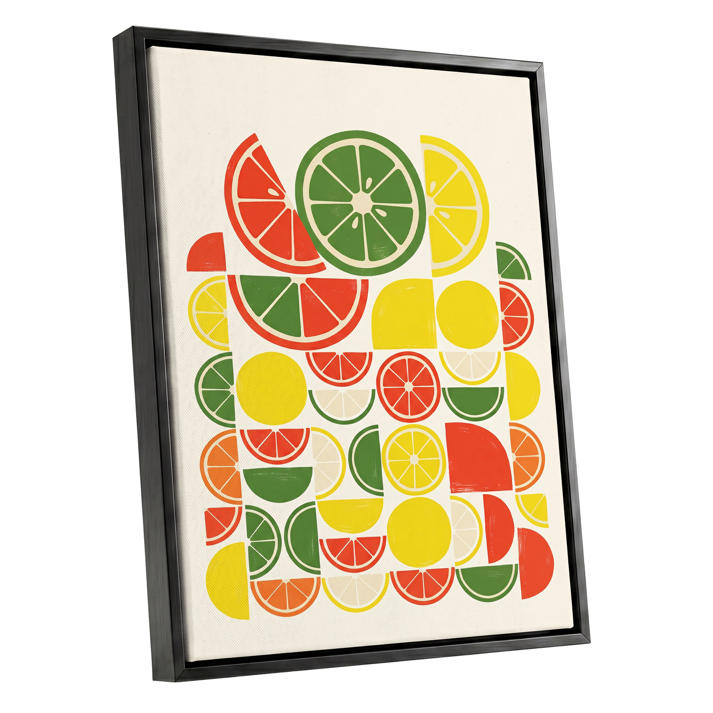 Citrus Rhythm, yellow, red, green nature wall art shown as a black framed canvas wall art