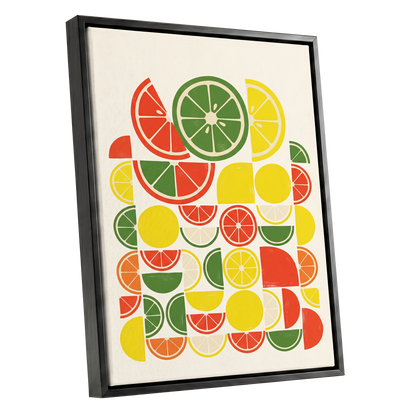 Citrus Rhythm, yellow, red, green nature wall art shown as a black framed canvas wall art