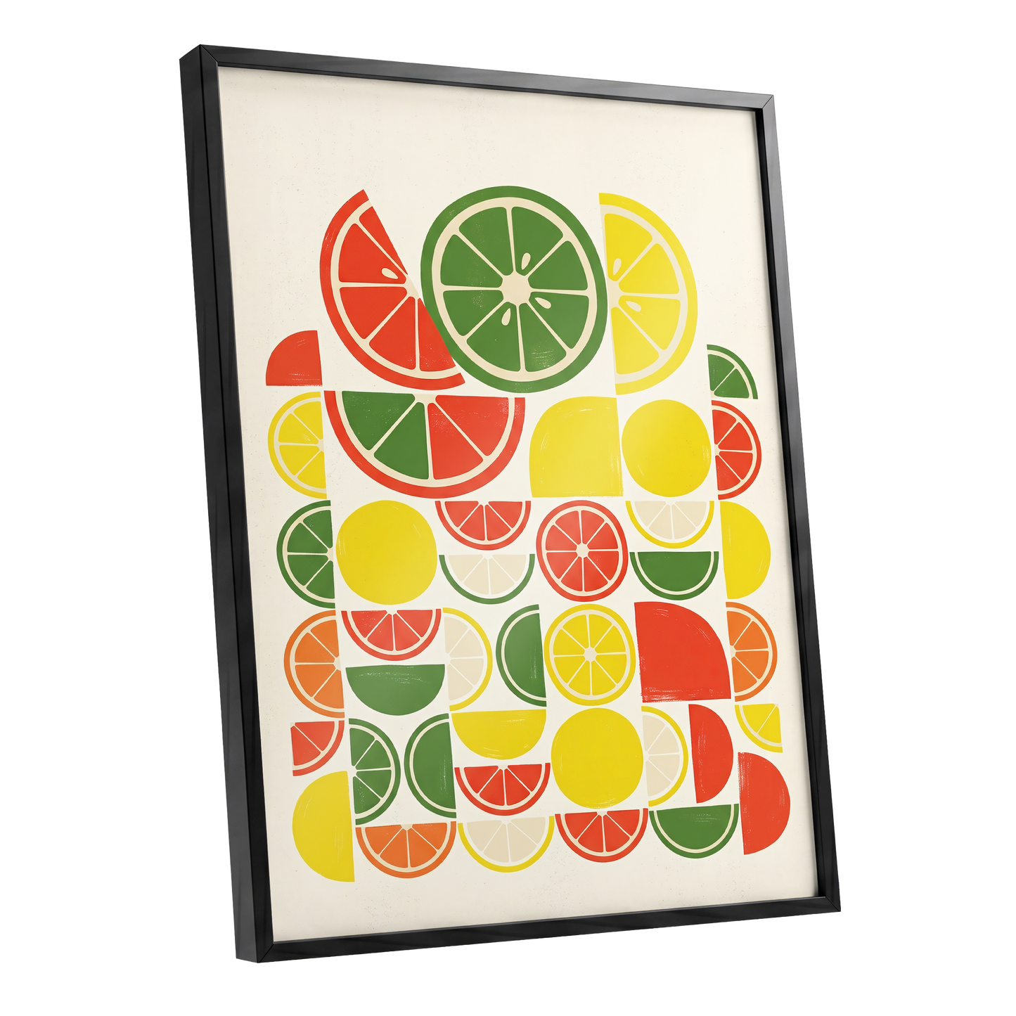 Citrus Rhythm, yellow, red, green nature wall art shown as a black framed poster wall art print