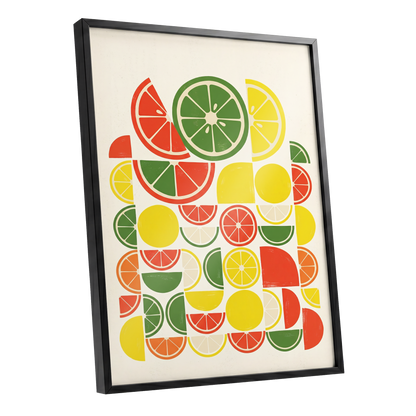 Citrus Rhythm, yellow, red, green nature wall art shown as a black framed poster wall art print