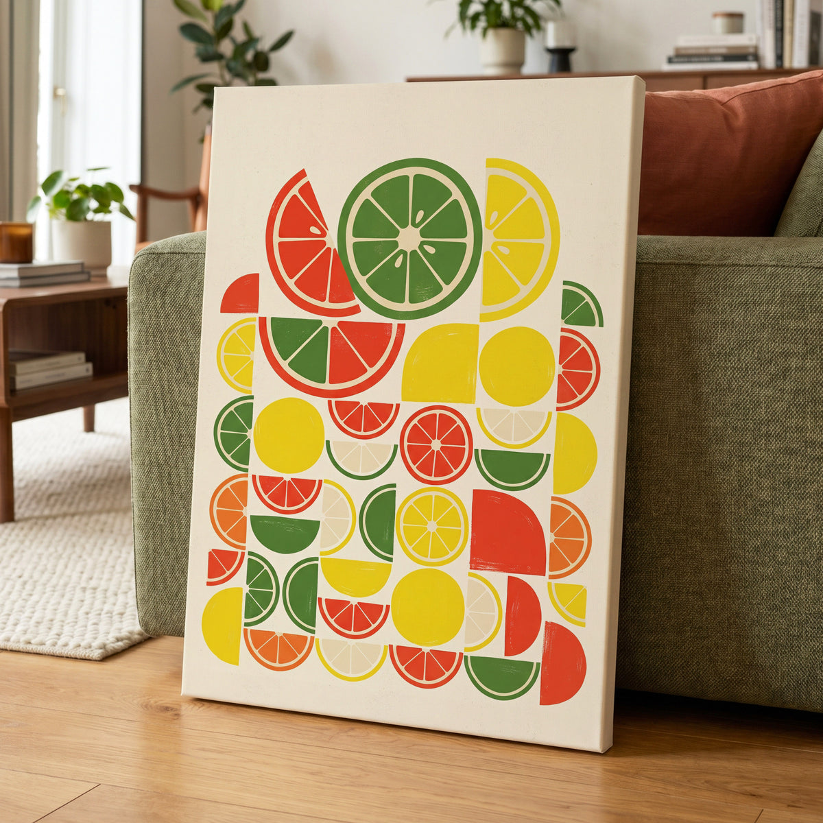 Citrus Rhythm, yellow, red, green nature wall art on canvas displayed in a styled interior, gallery view 1