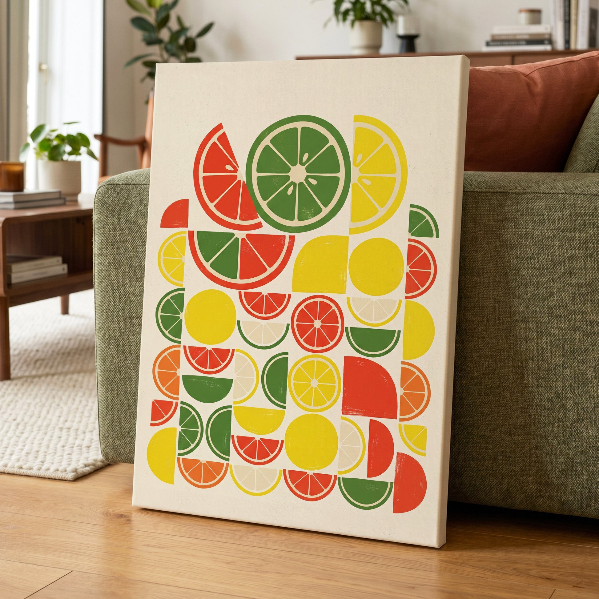 Citrus Rhythm, yellow, red, green nature wall art on canvas displayed in a styled interior, gallery view 1