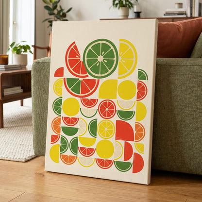 Citrus Rhythm, yellow, red, green nature wall art on canvas displayed in a styled interior, gallery view 1
