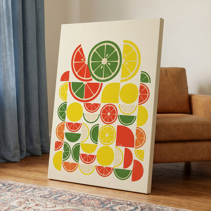 Citrus Rhythm, yellow, red, green nature wall art on canvas displayed in a styled interior, gallery view 2