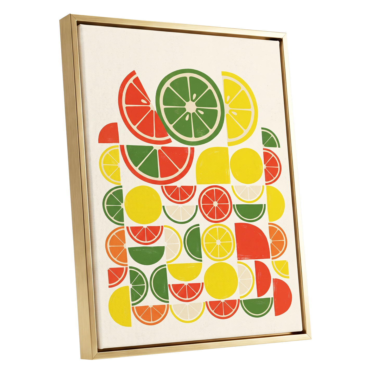 Citrus Rhythm, yellow, red, green nature wall art shown as a gold framed canvas wall art