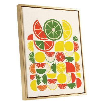 Citrus Rhythm, yellow, red, green nature wall art shown as a gold framed canvas wall art