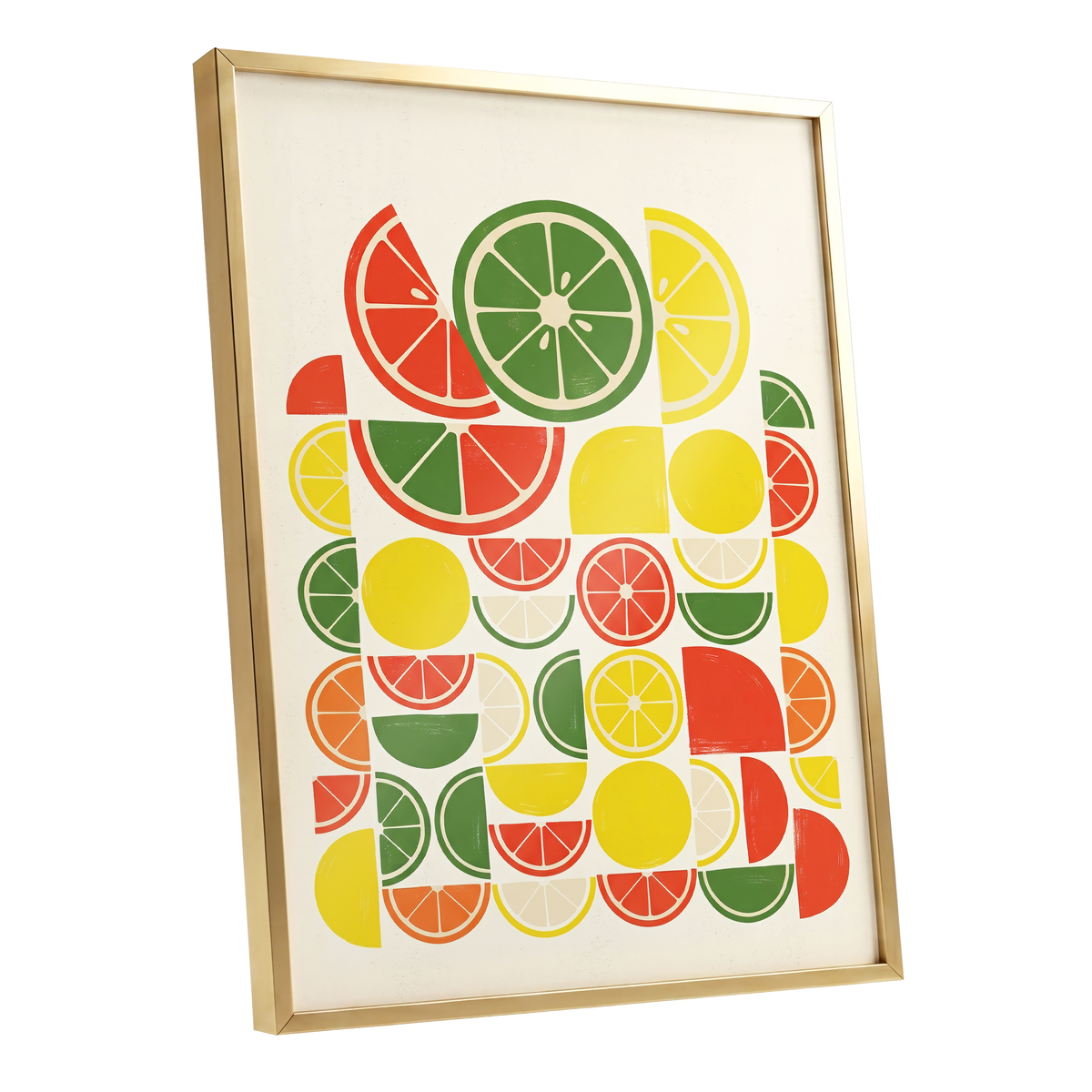 Citrus Rhythm, yellow, red, green nature wall art shown as a gold framed poster wall art print