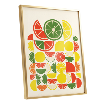 Citrus Rhythm, yellow, red, green nature wall art shown as a gold framed poster wall art print