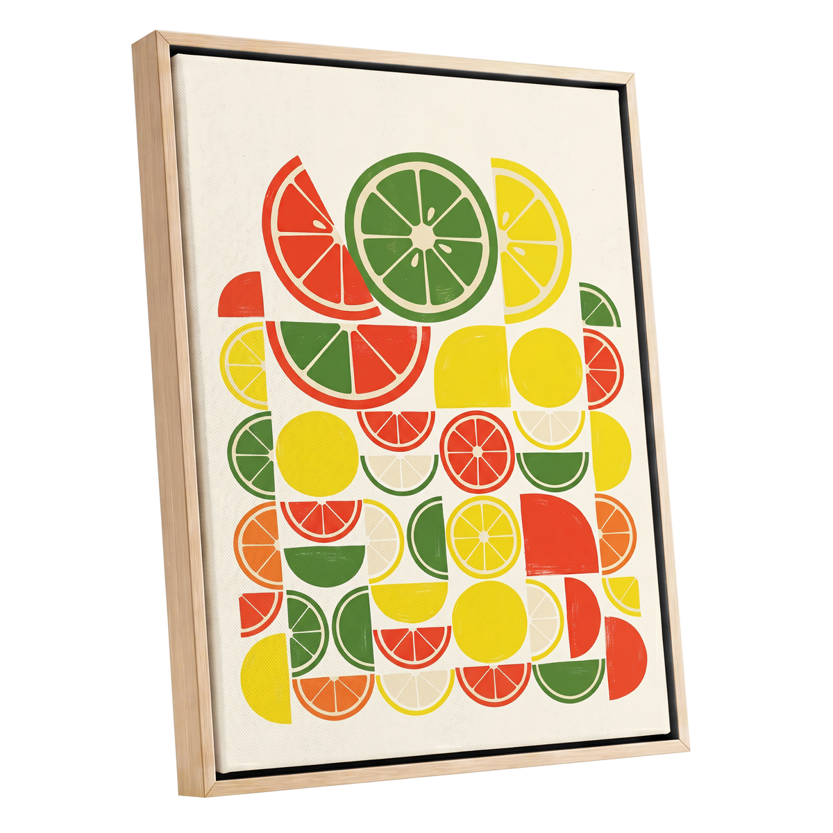 Citrus Rhythm, yellow, red, green nature wall art shown as a oak framed canvas wall art