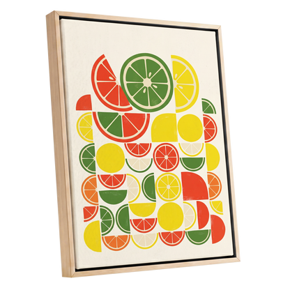 Citrus Rhythm, yellow, red, green nature wall art shown as a oak framed canvas wall art