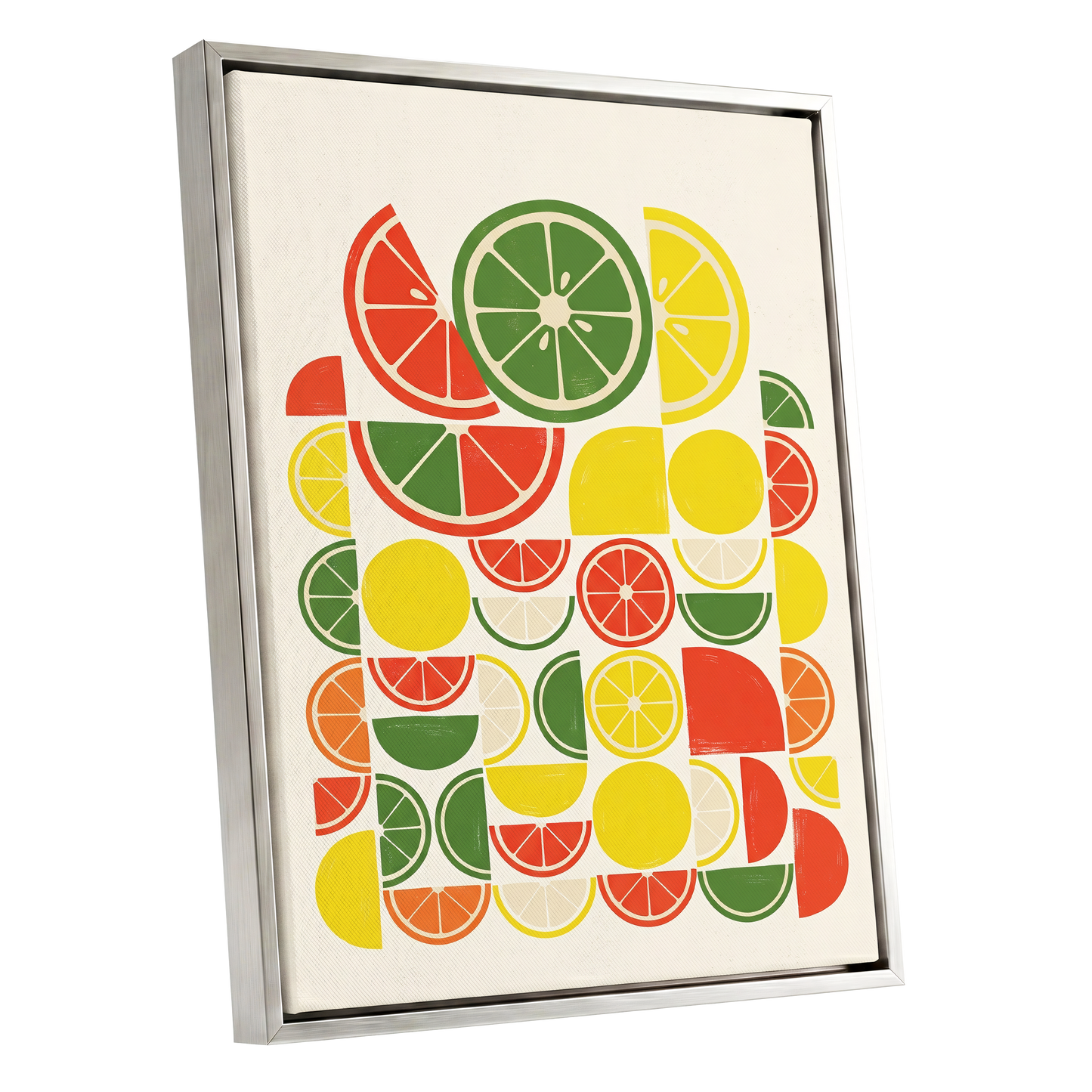 Citrus Rhythm, yellow, red, green nature wall art shown as a silver framed canvas wall art