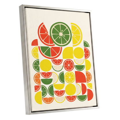 Citrus Rhythm, yellow, red, green nature wall art shown as a silver framed canvas wall art