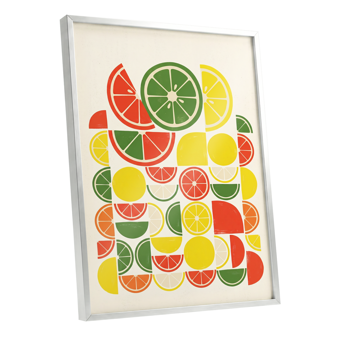 Citrus Rhythm, yellow, red, green nature wall art shown as a silver framed poster wall art print