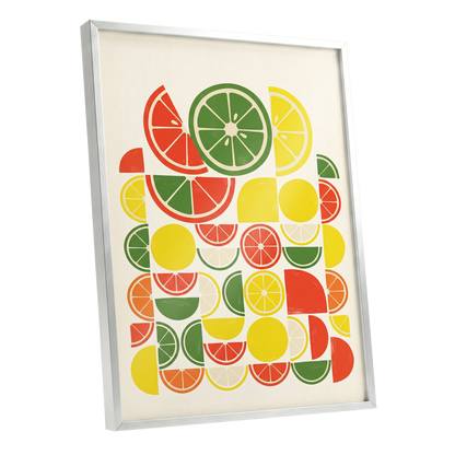Citrus Rhythm, yellow, red, green nature wall art shown as a silver framed poster wall art print