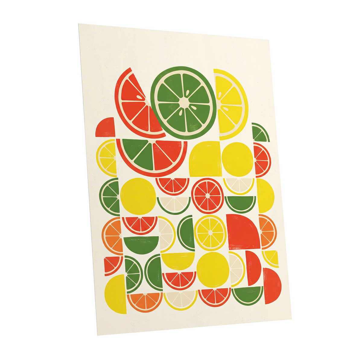 Citrus Rhythm, yellow, red, green nature wall art shown as a unframed poster wall art print