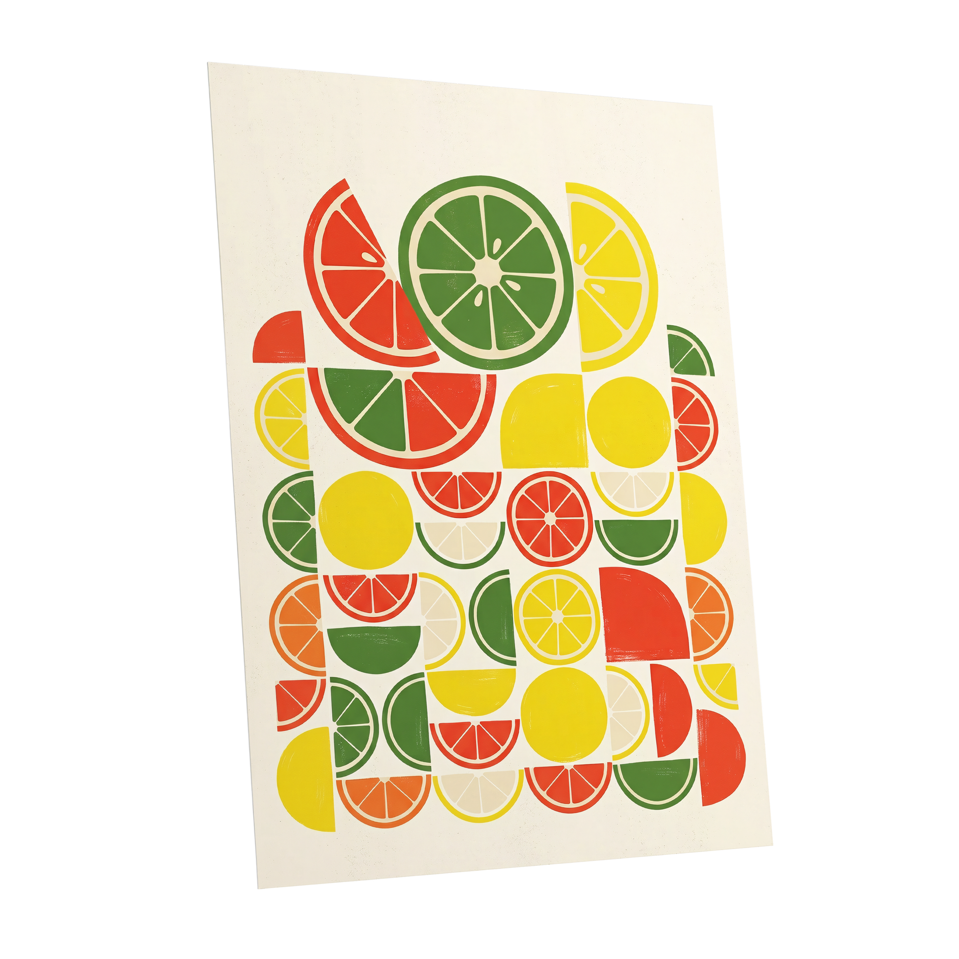Citrus Rhythm, yellow, red, green nature wall art shown as a unframed poster wall art print