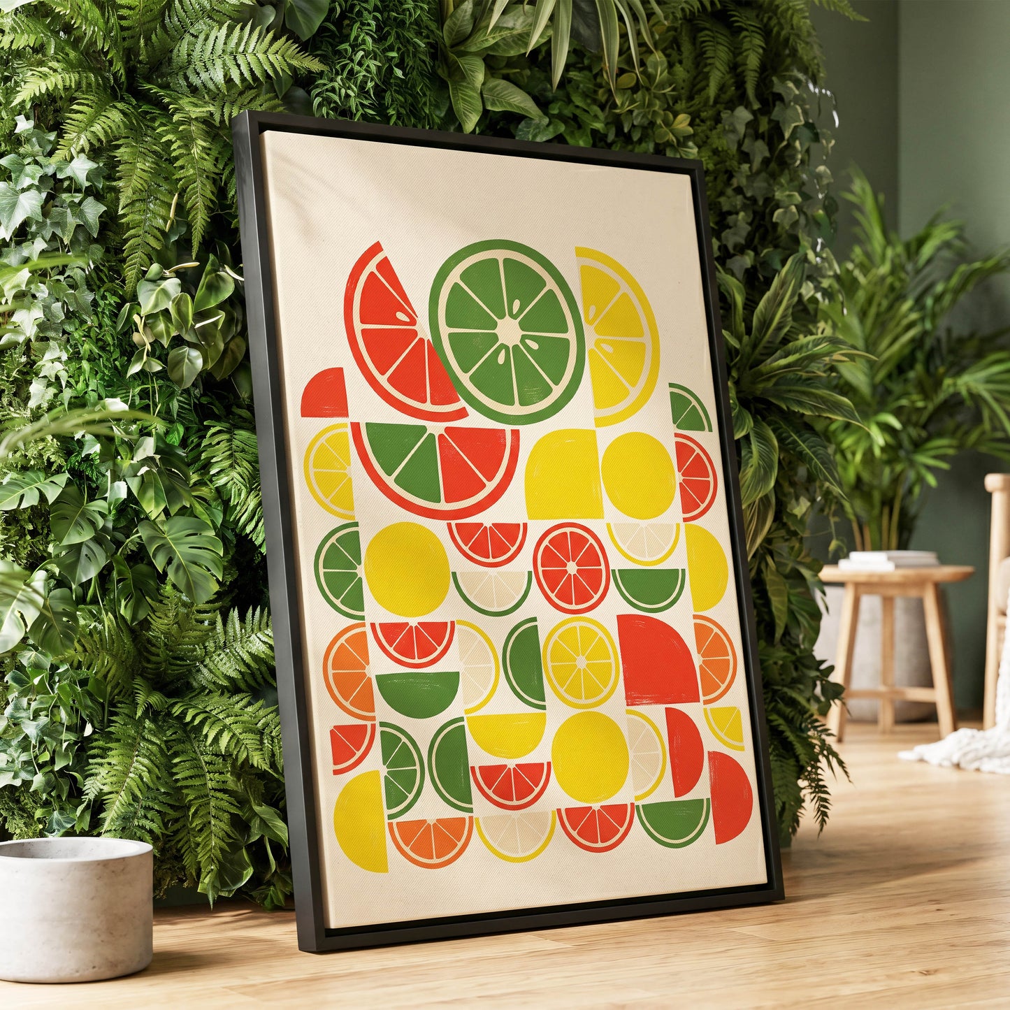 Citrus Rhythm, yellow, red, green nature wall art displayed in a styled interior, gallery view 1