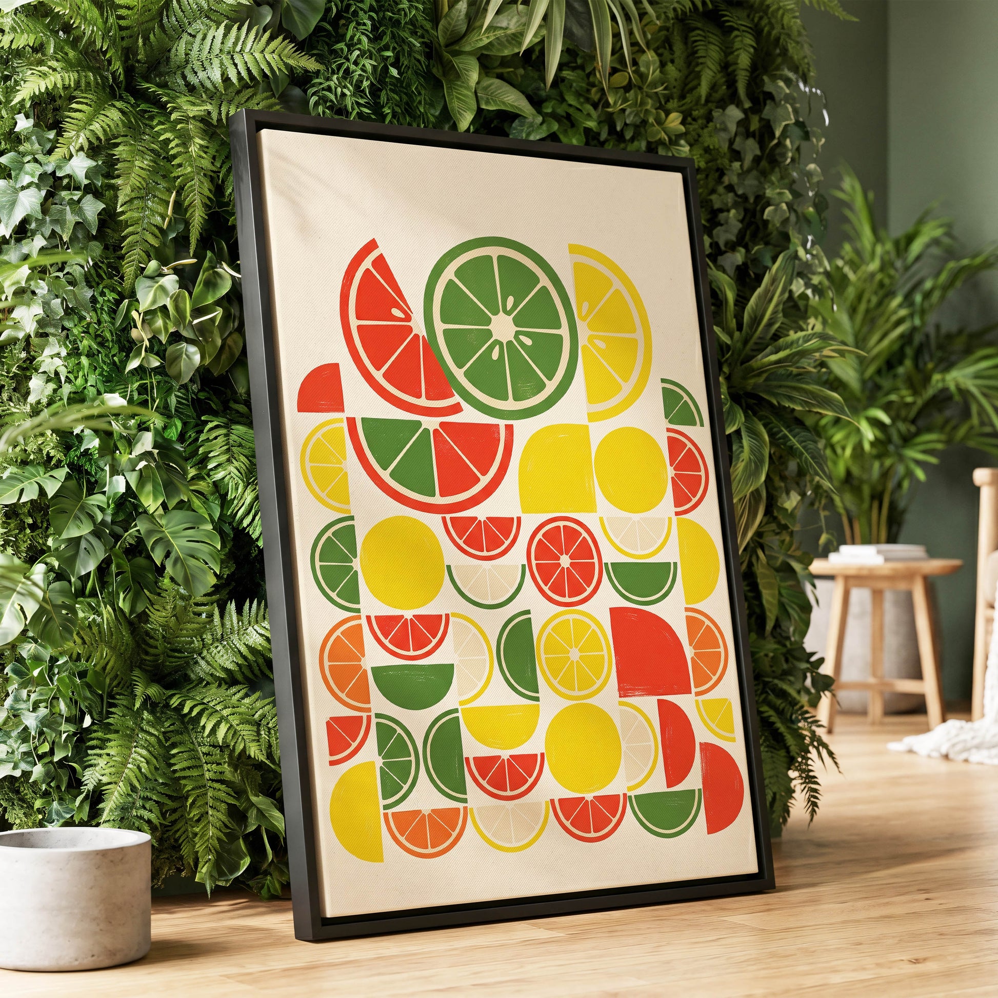 Citrus Rhythm, yellow, red, green nature wall art displayed in a styled interior, gallery view 1